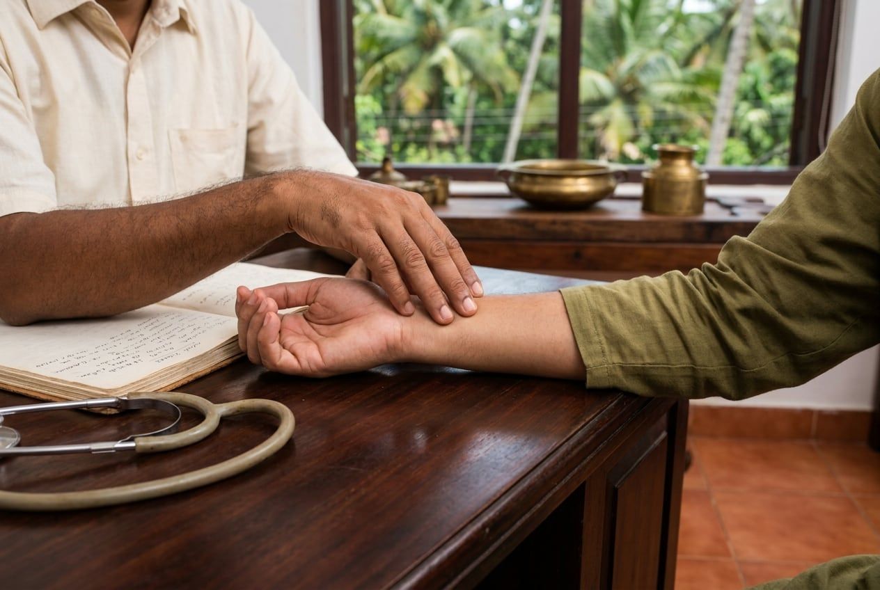 An Ayurvedic consultation: the doctor reads the pulse at the patient's wrist