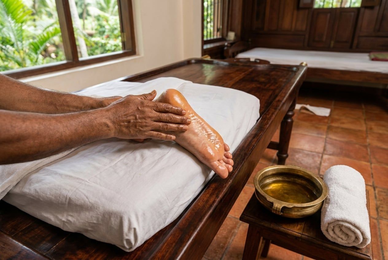A therapist's hands rubbing warm oil into a foot