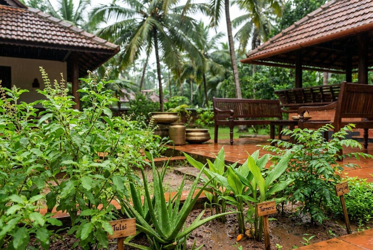 The herb garden of an ayurvedic clinic after rain: tulsi, aloe, turmeric