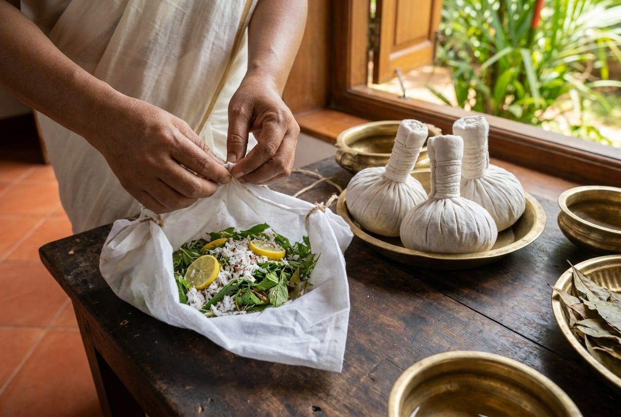 Hands tying a linen bundle of herbs, rice and lemon, with three finished bundles on a brass plate beside it