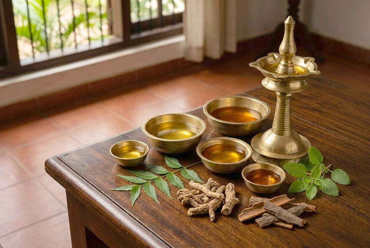 Brass bowls of medicated oils with neem leaves and roots on a wooden table