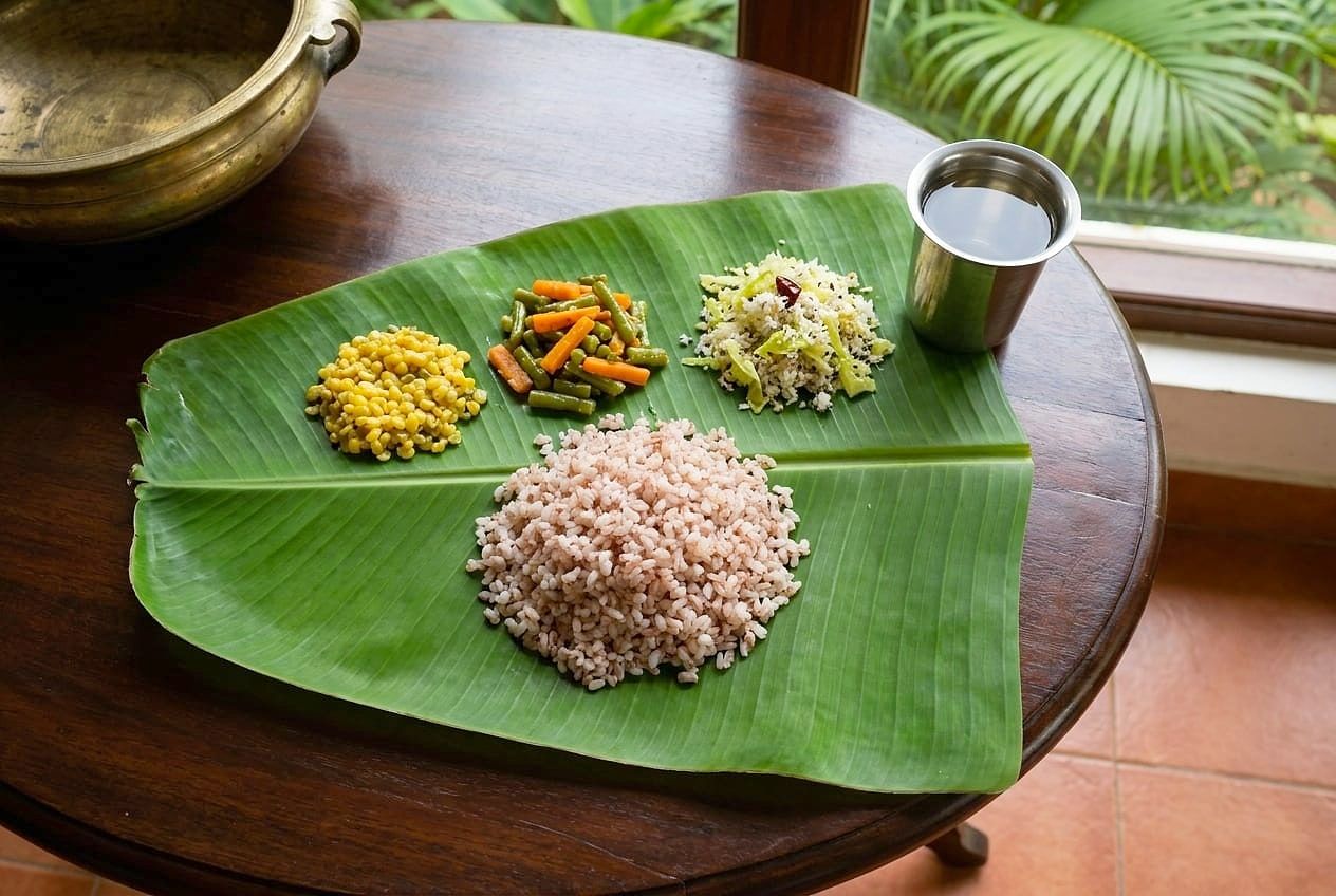 A simple vegetarian meal on a banana leaf: red rice, dal and stewed vegetables