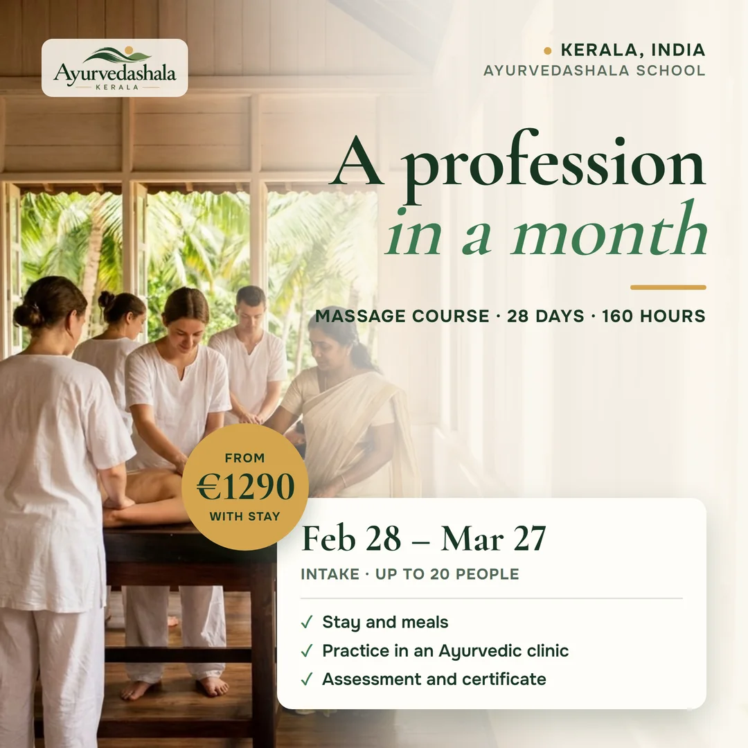 One-month Ayurvedic massage course in Kerala, 28 days, Feb 28 – Mar 27, from €1290
