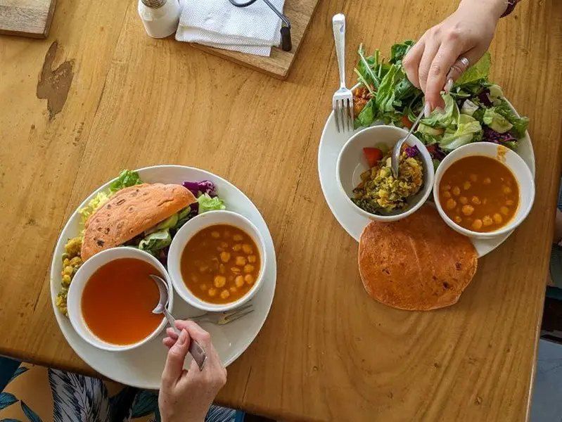 Vegetarian lunch: salad, soup, dal and flatbread